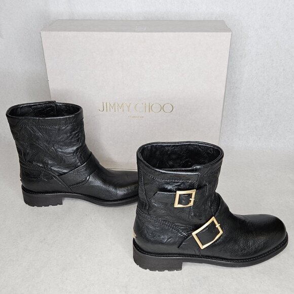 Jimmy Choo Black Biker Leather Unlined Belted Boots BKU 247 with Box Size 37/6.5 - Picture 1 of 10